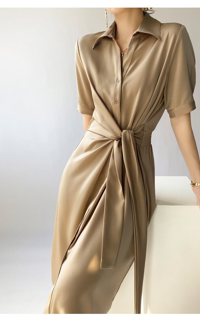 New French Light Luxury Senior Sense Of Temperament Waist-Skimming Acetate Satin Texture Shirt Dress