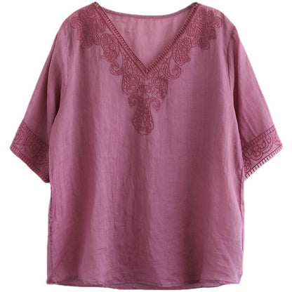 Women's Fashion Retro Cotton And Linen Embroidered V-neck Short-sleeved T-shirt