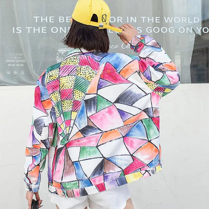 Rainbow Color Denim Jacket Spring New Autumn Women's Loose Personality Graffiti Print Diamond Turn-Down Collar Outerwear