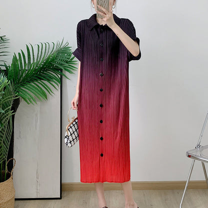 Gradient printed pleated lapel dress new stylish slim fit straight tube pleated long skirt for women