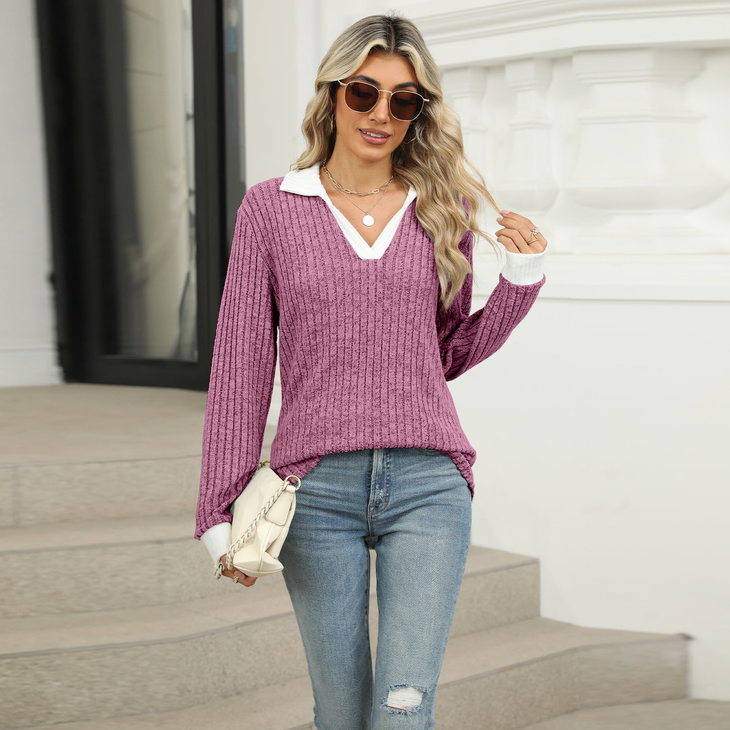 Lapel Long Sleeve Loose-fitting T-shirt Top Women