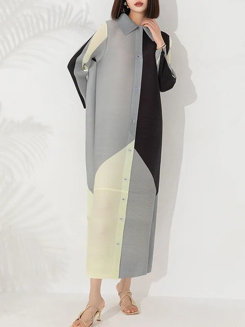 Wrinkled spring and summer new dress with fashionable temperament, color blocking print, loose oversized breasted long style, shaking skirt