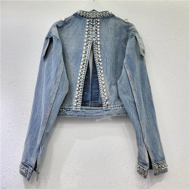 Nail pearl studded diamond fringed denim jacket for women