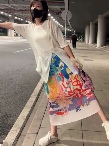 Korean Style Pleated Spring Summer New Fashion Skirts Women's Art Printed Straight Casual Long Skirt