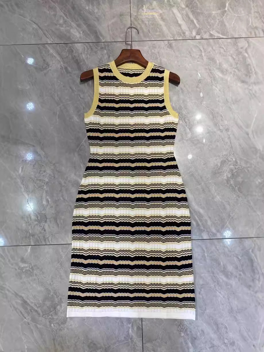 New sleeveless striped niche design commuting waist cinching jacquard knitted dress