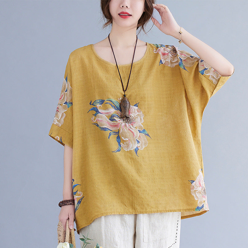 Korean Cotton Hemp Fat Mm Half Sleeve Top Summer