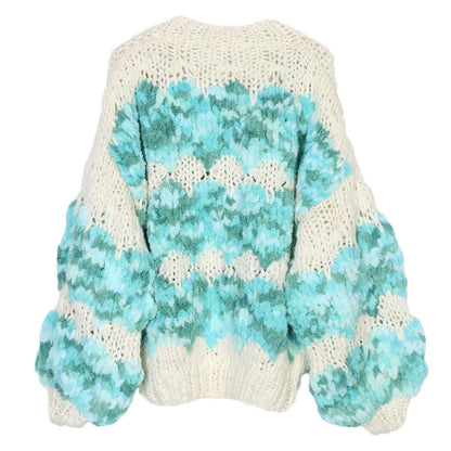 Long sleeved sweater cardigan gradient color V-neck loose sweater knitted cardigan