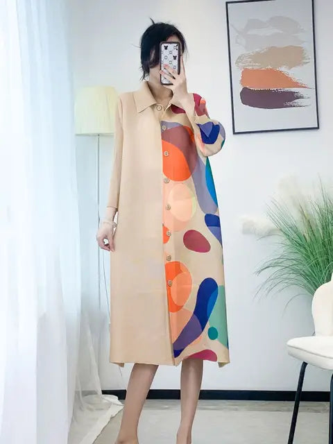 Pleated Single Breasted Dress Women Spring Summer New Korean Fashion Printed Cardigan Loose Plus Size Long Coats