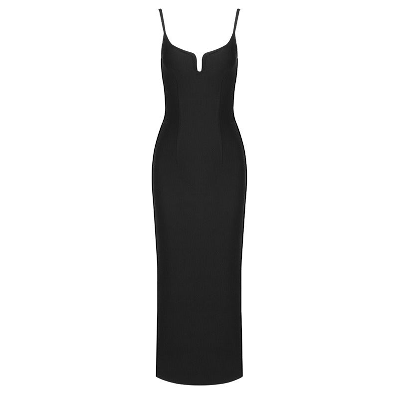 Long black backless sleeveless dress with sling bandage for women