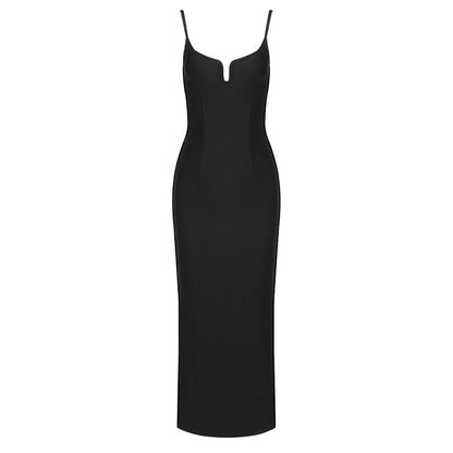 Long black backless sleeveless dress with sling bandage for women