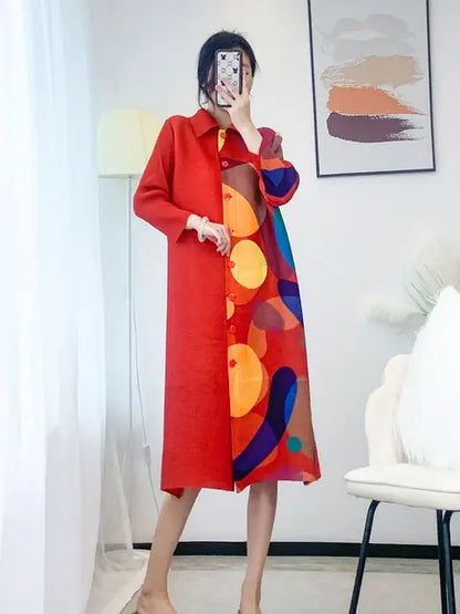 Pleated Single Breasted Dress Women Spring Summer New Korean Fashion Printed Cardigan Loose Plus Size Long Coats