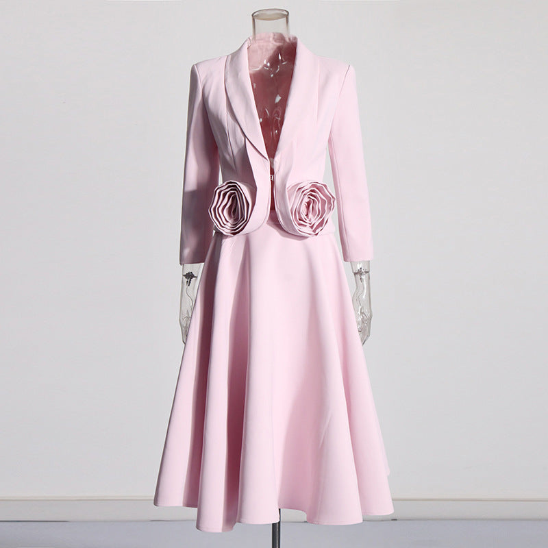 Three dimensional rose two-piece waist cinching slimming suit+pleated mid length skirt set