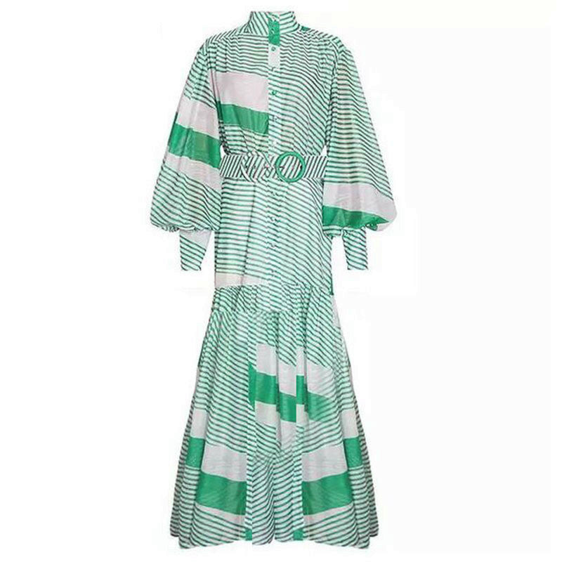 Stand Collar Lantern Long Sleeve Large Swing Floor Long Skirt Holiday Style Contrast Stripe Print Dress