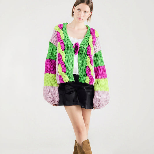 Sweater colored long sleeved V-neck loose knit cardigan with ties