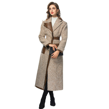 Retro lapel fur roll PU splicing single breasted long women's trench coat jacket