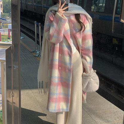 Women mid length fashionable pink plaid coat