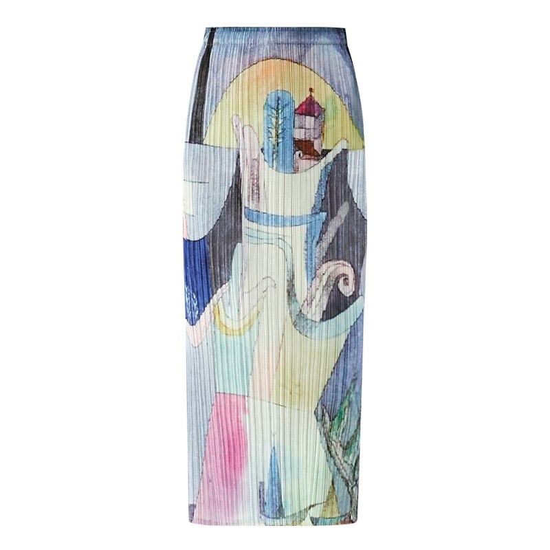 Pleated Skirt Woman Hit Color Paint Cartoon Pick Hip Elastic Waist Slim Office Lady StNew Autumn Fashion 15HT421