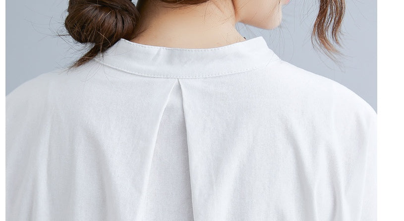 Literary Loose Plain Cotton And Linen Stand Collar Short Sleeves