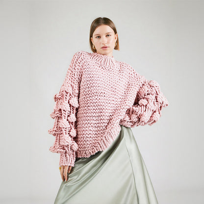 New autumn and winter fashionable sweaters with knitted pom-poms and lantern sleeves