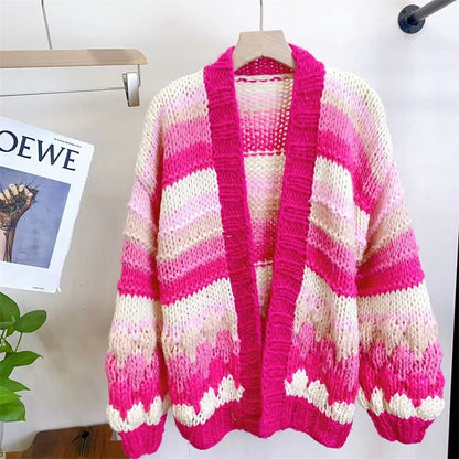 Knitted knit sweater paired with cardigan medium to long loose color blocked top for women in autumn and winter