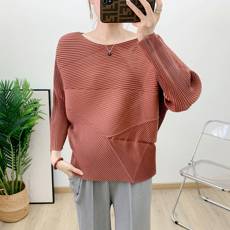 Wrinkled round neck batball sleeve top for women autumn style loose long sleeved pleated solid color handmade pleated base T-shirt