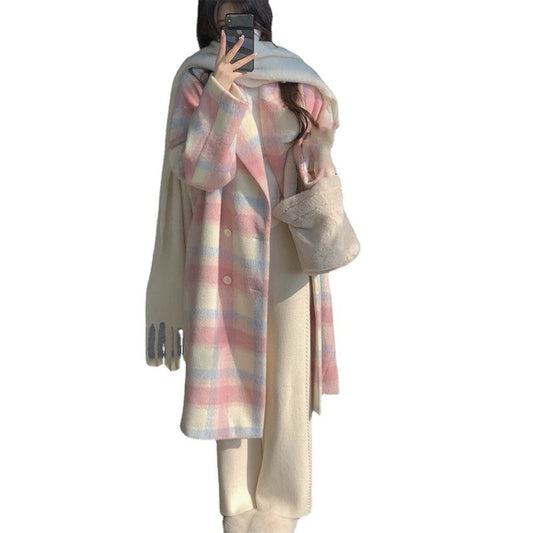 Women mid length fashionable pink plaid coat