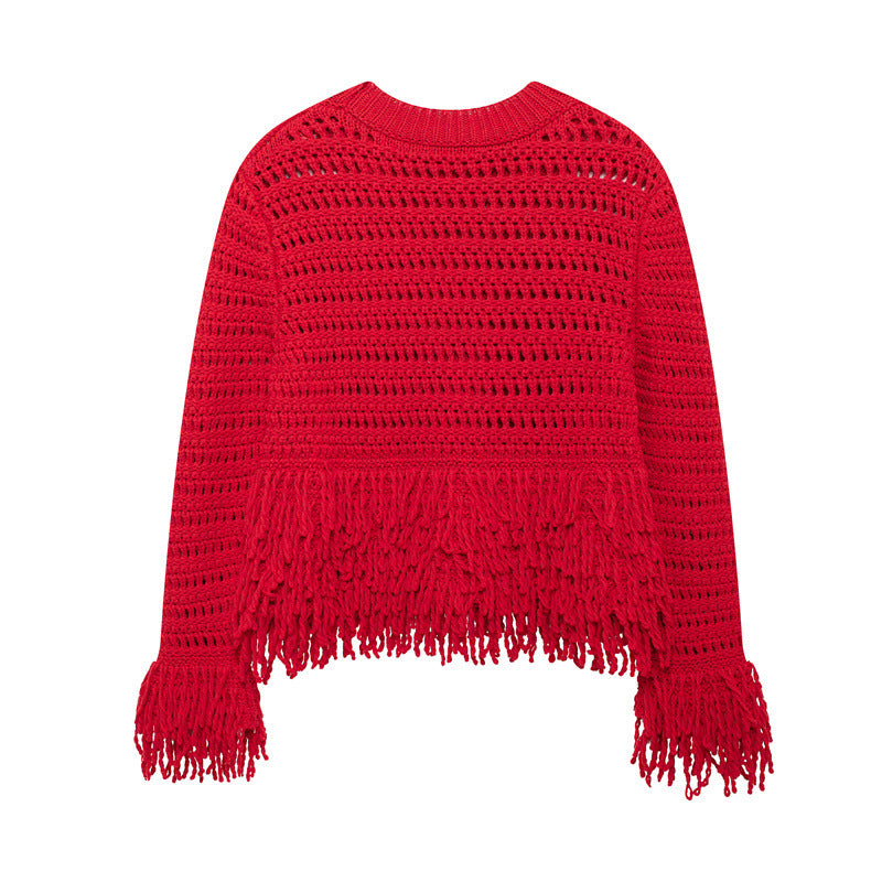 Women's casual round neck tassel knit sweater