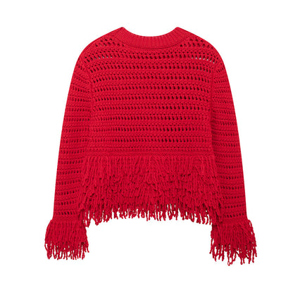 Women's casual round neck tassel knit sweater