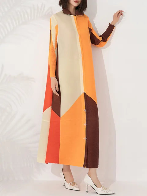 Wrinkled spring and summer new dress with fashionable temperament, color blocking print, loose oversized breasted long style, shaking skirt