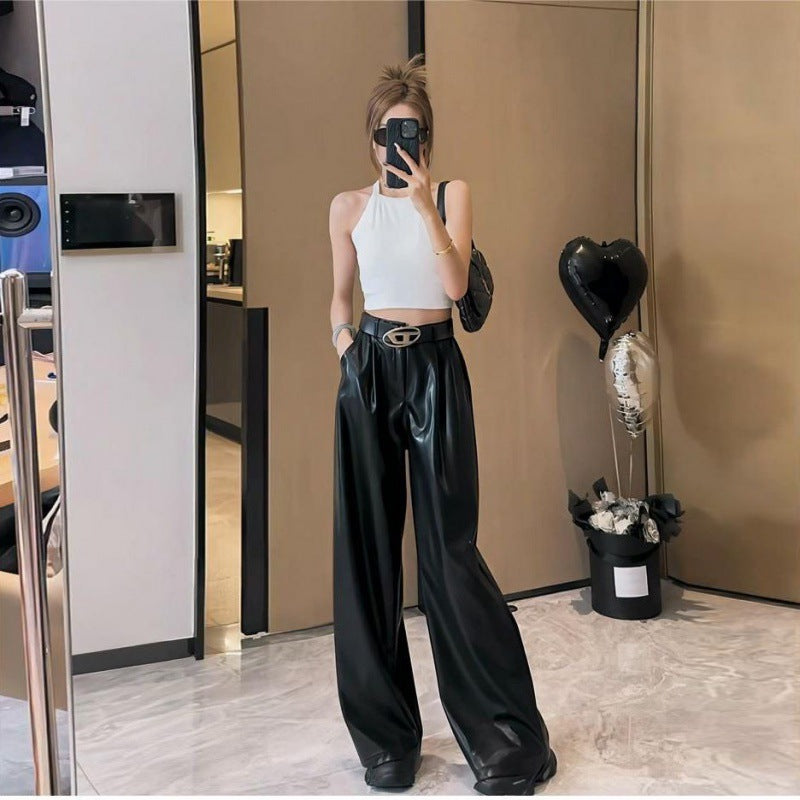 Spring Autumn Loose Casual Soft Black Burgundy Pu Leather Wide Leg Pants for Women High Waist Korean Style Fashion