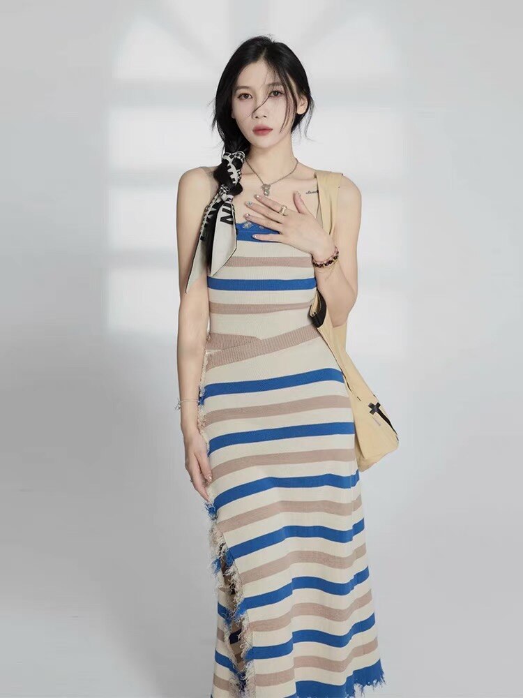 Designer Stylish Striped Tassel Spaghetti Strap Sexy Women Midi Dress Knitting Camisole Sweater Dresses