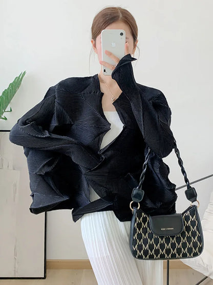 Autumn New Lily Fold Hand Grasp Chaotic Fold Solid Color Embossed Fold Cardigan Personalized Fashion Thin Coat