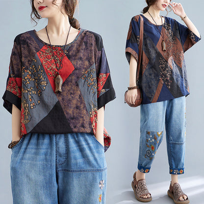 Women's Stylish Loose Round Neck Printed Short-sleeved T-shirt Top