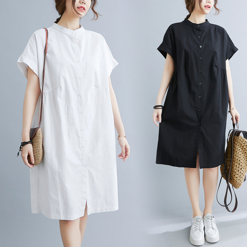 Literary Loose Plain Cotton And Linen Stand Collar Short Sleeves