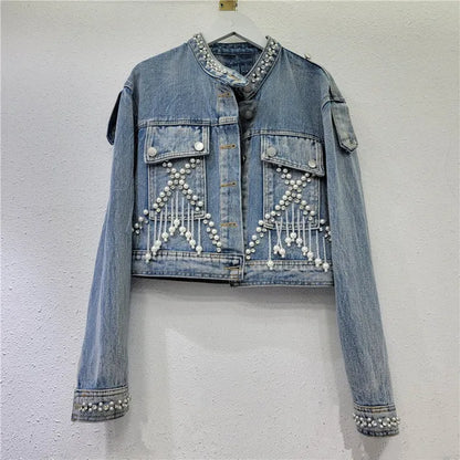 Nail pearl studded diamond fringed denim jacket for women