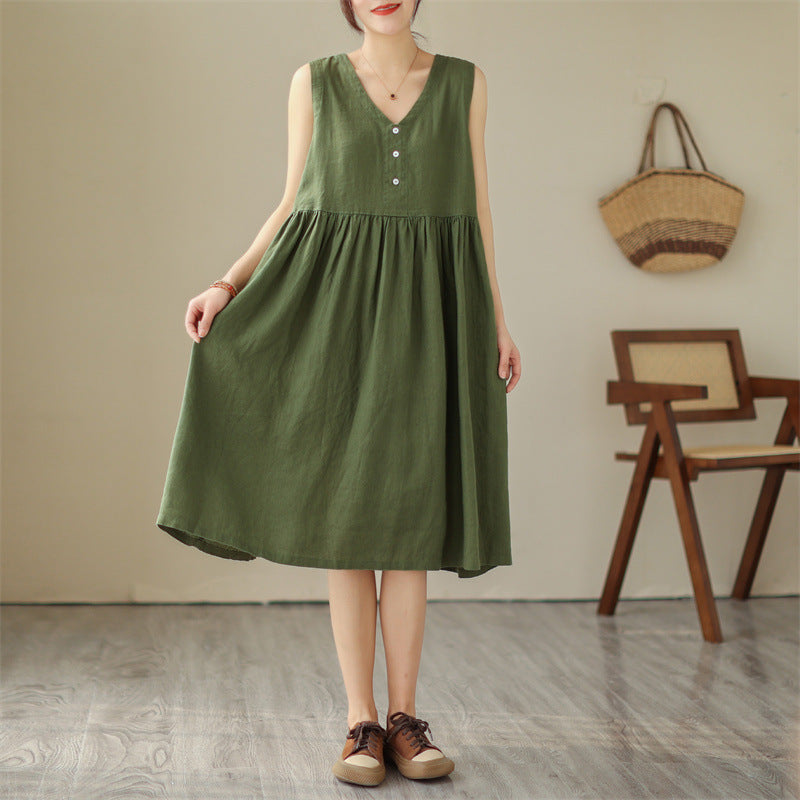 Summer New Japanese Loose Solid Color Cotton Linen V-neck Sleeveless Dress For Women