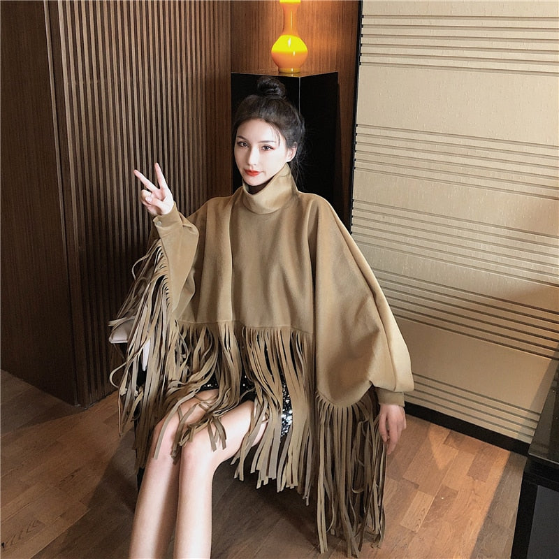 Overcoat New Fashion Streetwear Batwing Sleeve Faux Mink Cashmere Tassel Cloak Coat