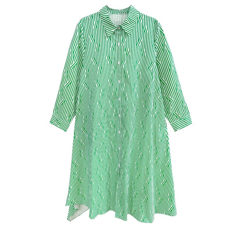 Women Green Striped Back Ruffles Big Size Long Shirt Dress New Lapel Long Sleeve Fashion Spring Autumn