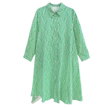 Women Green Striped Back Ruffles Big Size Long Shirt Dress New Lapel Long Sleeve Fashion Spring Autumn