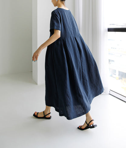 Loose Cotton And Linen Pullover Round Neck Dress