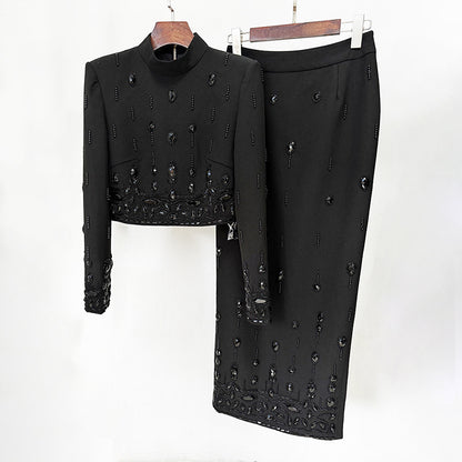 Handmade Beading Short Jacket Skirt Sets Outfits New Designer Long Dress Set White Black Yellow Slim Suits for Women Wedding