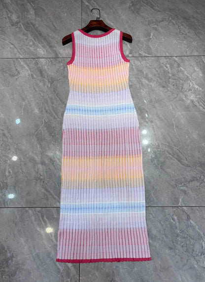 Striped sleeveless summer contrasting round neck wrapped buttocks knitted dress for women