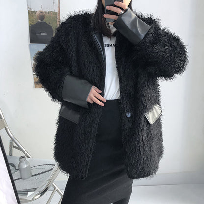 Korean Designed Black Imitation Fur Thick Coat Women's Splicing PU Leather Fashionable Loose Plush Fur Coat Winter Couple