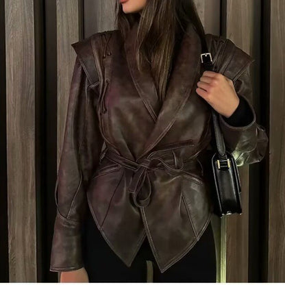 Clothing for women in winter, Maillard dresses with a waist up lapel, street trendy PU leather jacket