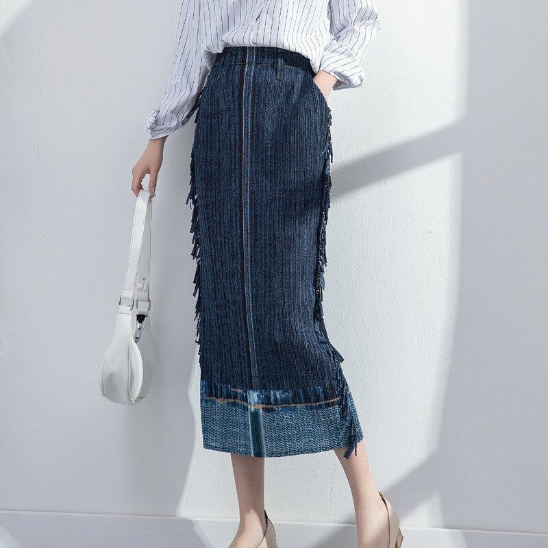 Pleated Hip Skirt New Women's Spring Fashion Large Size Casual Stretch Drape Imitation Denim Pleated Skirt