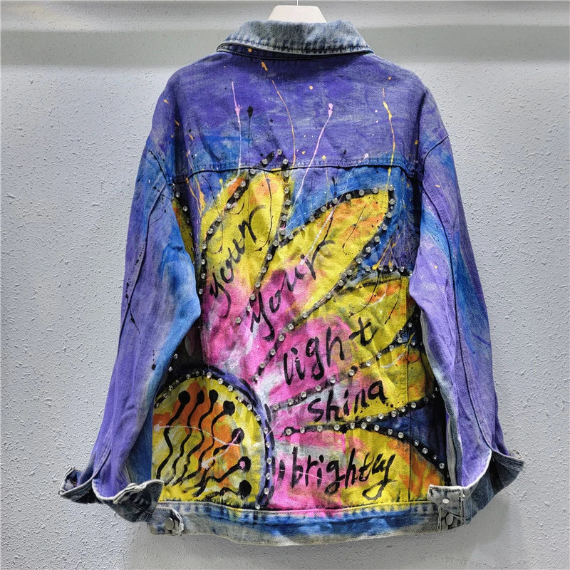 Hand drawn graffiti denim jacket women's colorful diamond studded pearl jacket