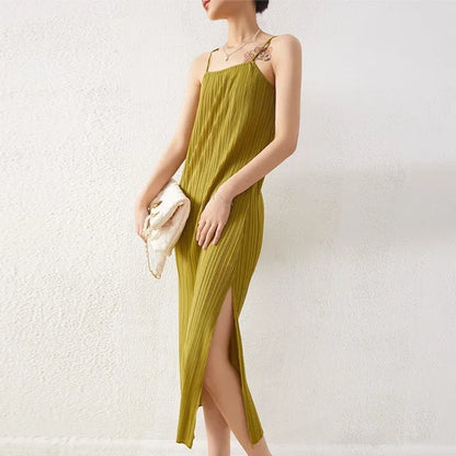 Temperament Pleated Halter Dress Female Summer A Collar Slim Slim Thin Open Fork Medium-Length Models