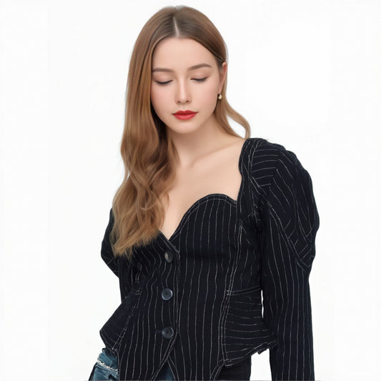 European and American style French retro jacket striped waist slimming versatile short jacket