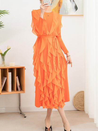 Pleated long dress ruffled round neck elegant waist lace-up large size pleated skirt