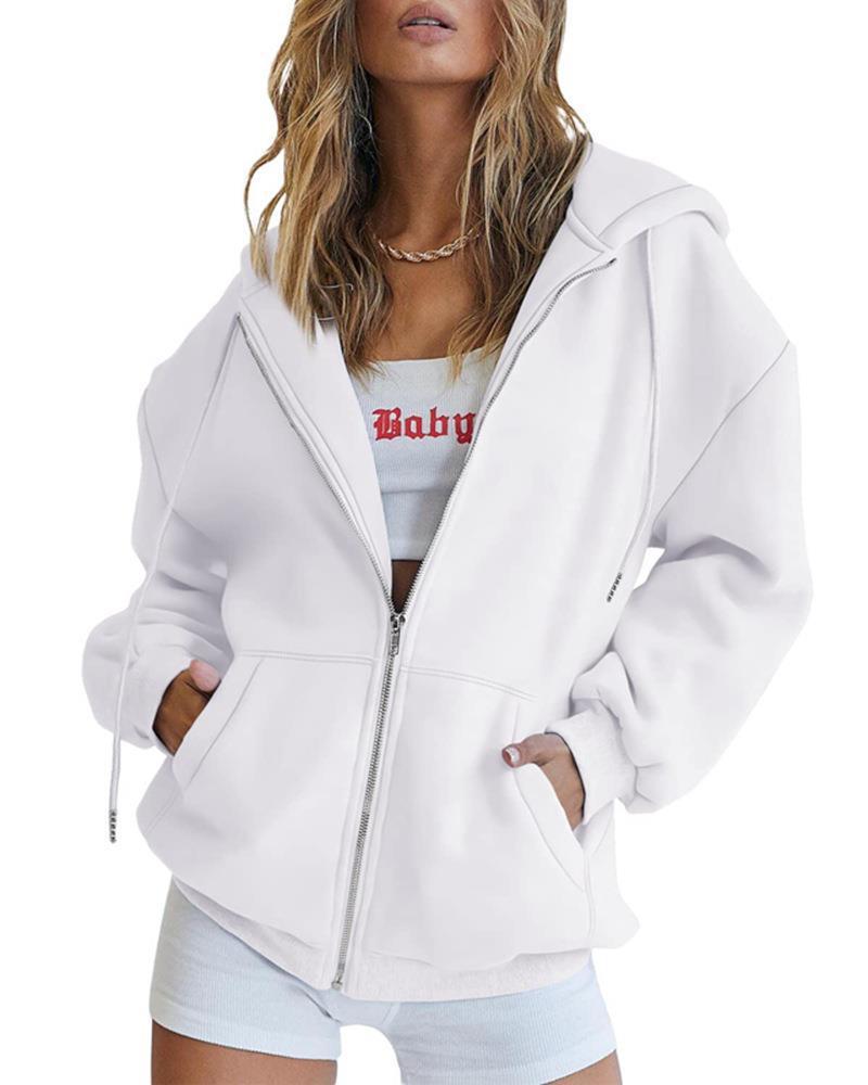 Women's Fashion Casual Solid Color Drawstring Zipper Hooded Sweatshirt